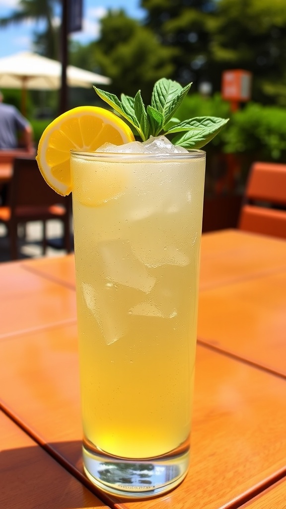 A refreshing Lemon Basil Vodka Tonic with lemon slice and basil garnish on a wooden table.